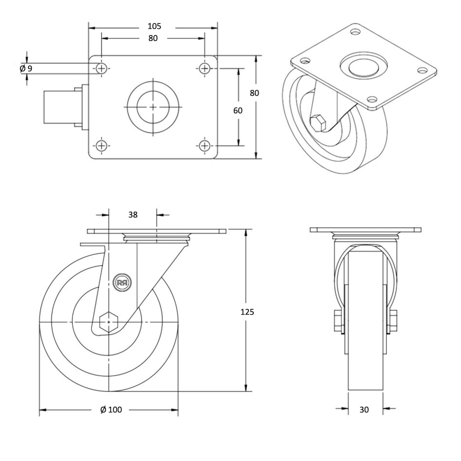 Lot de 4 roulettes pivotantes et pivotantes à frein caoutchouc EASYROLL® BLEU 100 mm charge - 540 Kg