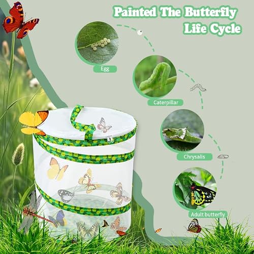 Butterfly Growing Kit- Pop Up Foldable Butterfly Habitat Cage -7.8\" x 11\" Tall - Clear Mesh Enclosure Terrarium