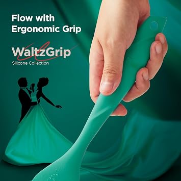 مجموعة أدوات المطبخ المصنوعة من السيليكون من Kitchen Mama WaltzGrip: ملعقة مسطحة مكونة من 6 قطع، وفرش دهن، وقاطعة فطائر لأواني الطهي غير اللاصقة - مقاومة للحرارة، وآمنة للغسل في غسالة الأطباق، ومثالية للخبز (أزرق مخضر)