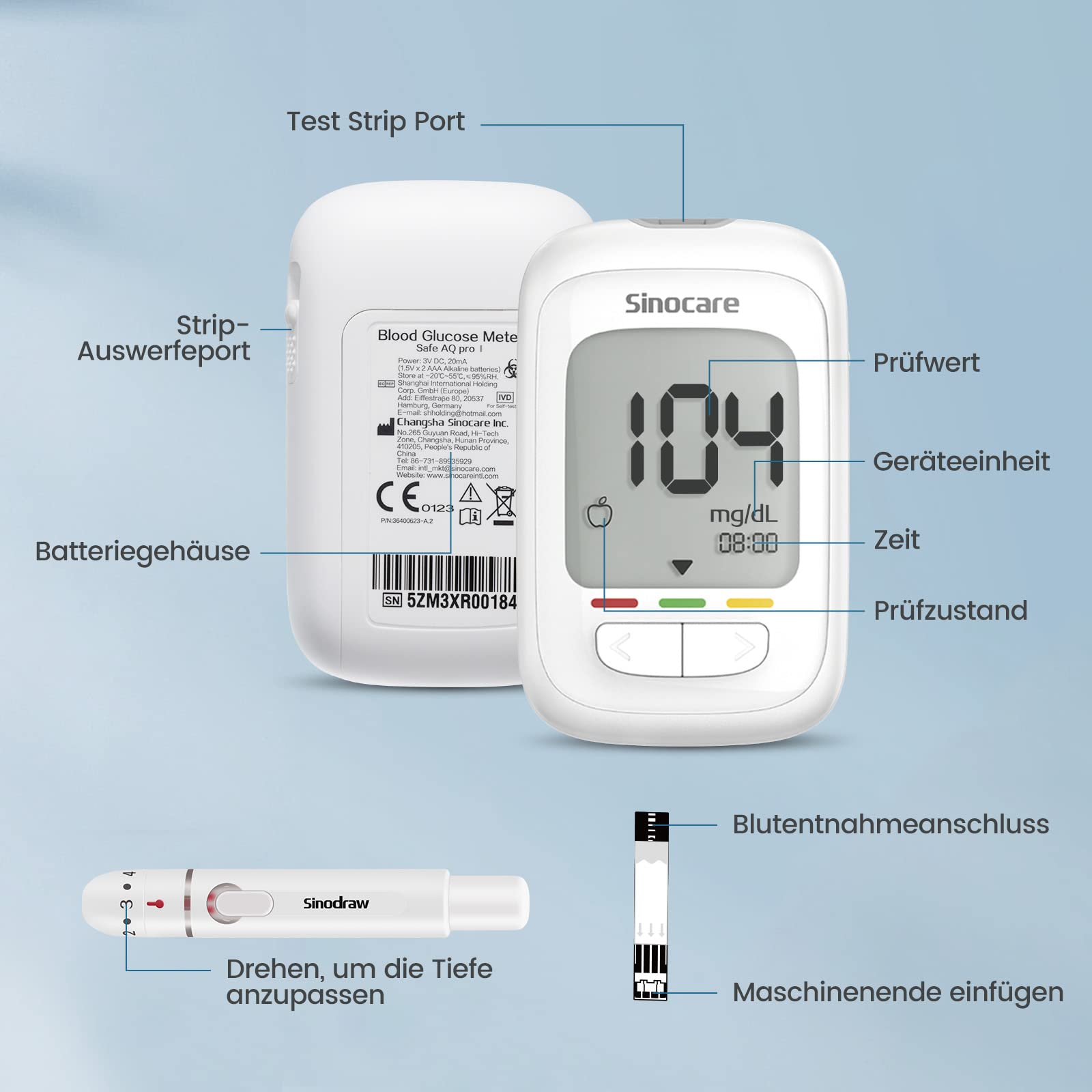 Blutzuckermessgerät Set mit Teststreifen 100, Zuckermessgerät Glucose Monitor mit 100 Lanzetten, Genaueste Silberelektrode, Keton-Warnung, mg/dL