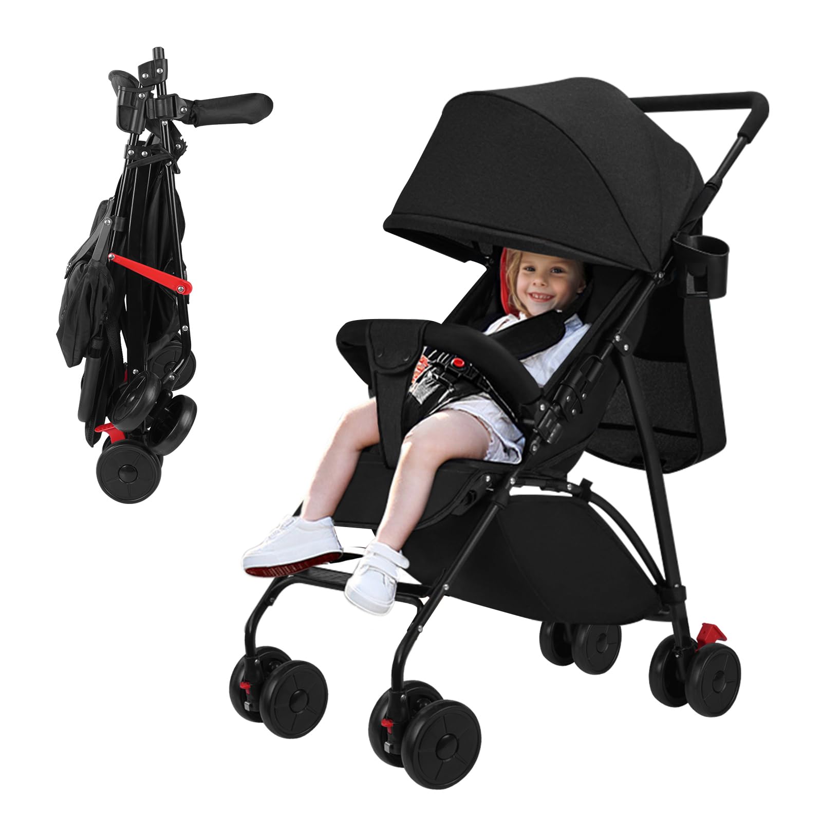 Poussette Canne de 0 à 3 ans et demi, Siège Bébé Léger et Portable, Siège Nouveau-Né avec Inclinaison Réglable, Harnais de Sécurité à 5 Points, Idéal pour la Maison et les Voyages, Noir