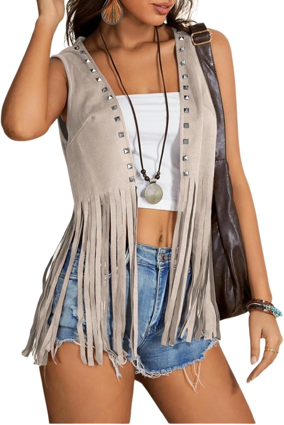 GORGLITTER Women's Western Fringe Vest Nashville Rodeo Country Cowgirl Outfits 70s Hippie Faux Suede Tassel Jackets