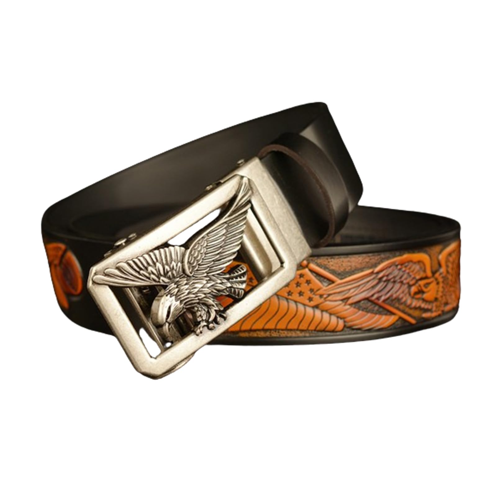 Cinturón De Vestir Con Trinquete For Hombre, Cuero Premium Estampado Águila, Cinturilla Deslizante Y Hebilla Automática Ajustable