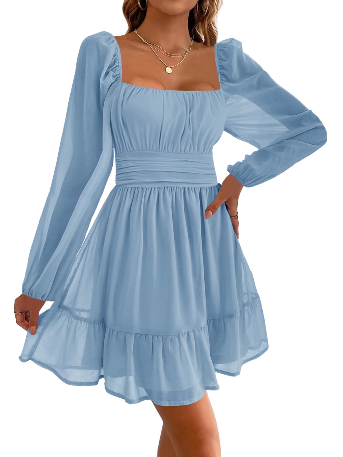 Imily Bela Damen Kleider Square Neck Partykleid Mesh Minikleid High Waist Falten Langarmkleid Hochzeitsgast mit Rüschen(Hellblau, S)