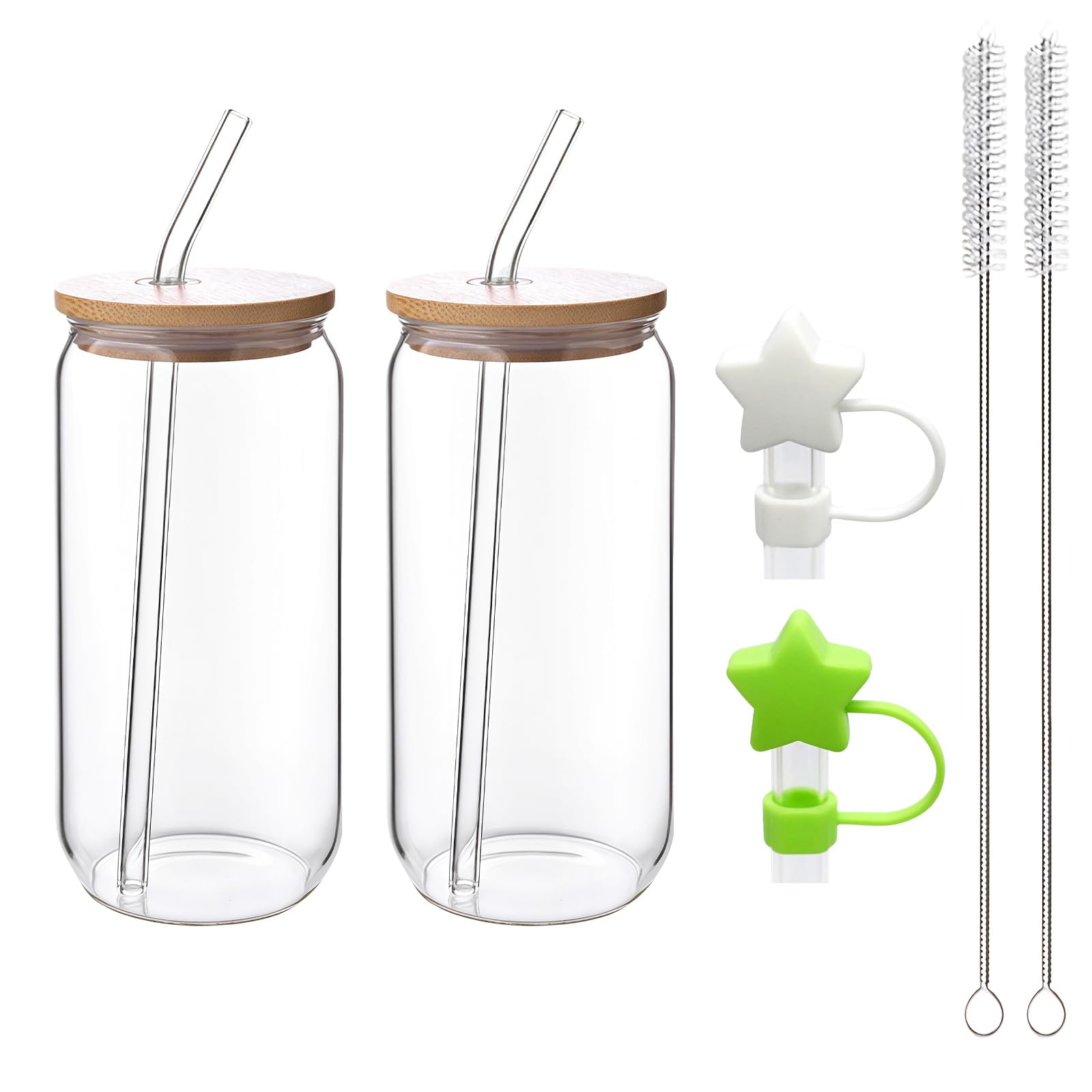 LLHONG Glass Cups with Wooden Lids and Glass Straws, Reusable Can Shaped Drinking Glasses with Straw caps & Brushes, Wide Mouth Iced Coffee Cup for Smoothies, Tea, Cola, Juice, Soda (2 Pack)