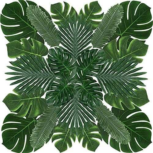 72 Pcs 6 Kinds Artificial Palm Leaves with Faux Monstera Leaves, Stems Tropical Plant, Simulation Safari Leaves for Hawaiian Luau Party, Jungle Beach Theme Decorations for Table Decoration Accessories