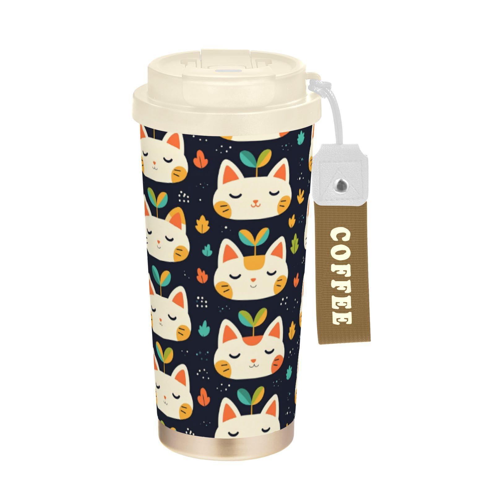 linqin Taza de café de viaje con cara de gato con hierba para mujer con tapas, taza térmica de acero inoxidable para frío y calor, 17 onzas, a prueba de fugas