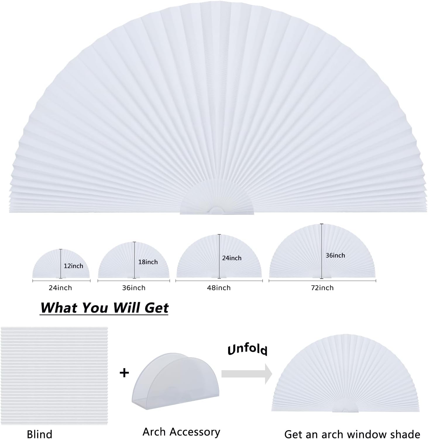 Arch Window Shade Radius 18 inch Half Circle Arched Non-Woven Stick on Cut to Size self Adhesive Light Filtering Half Moon Round Window Covering Pleated Blinds for Front Door