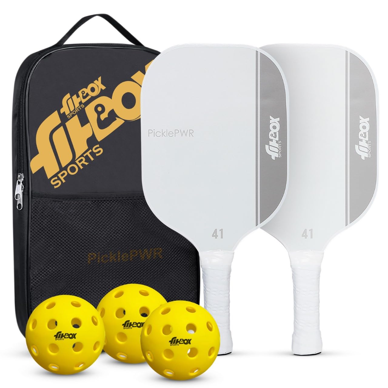 FitBox Sports PicklePWR Pickleball Paddles Set – High-Performance Premium Boarded Composite Surface with Cushion Grip | Ideal for All Skill Levels | Includes Protective Cover & 3 Balls - Offwhite-image-14