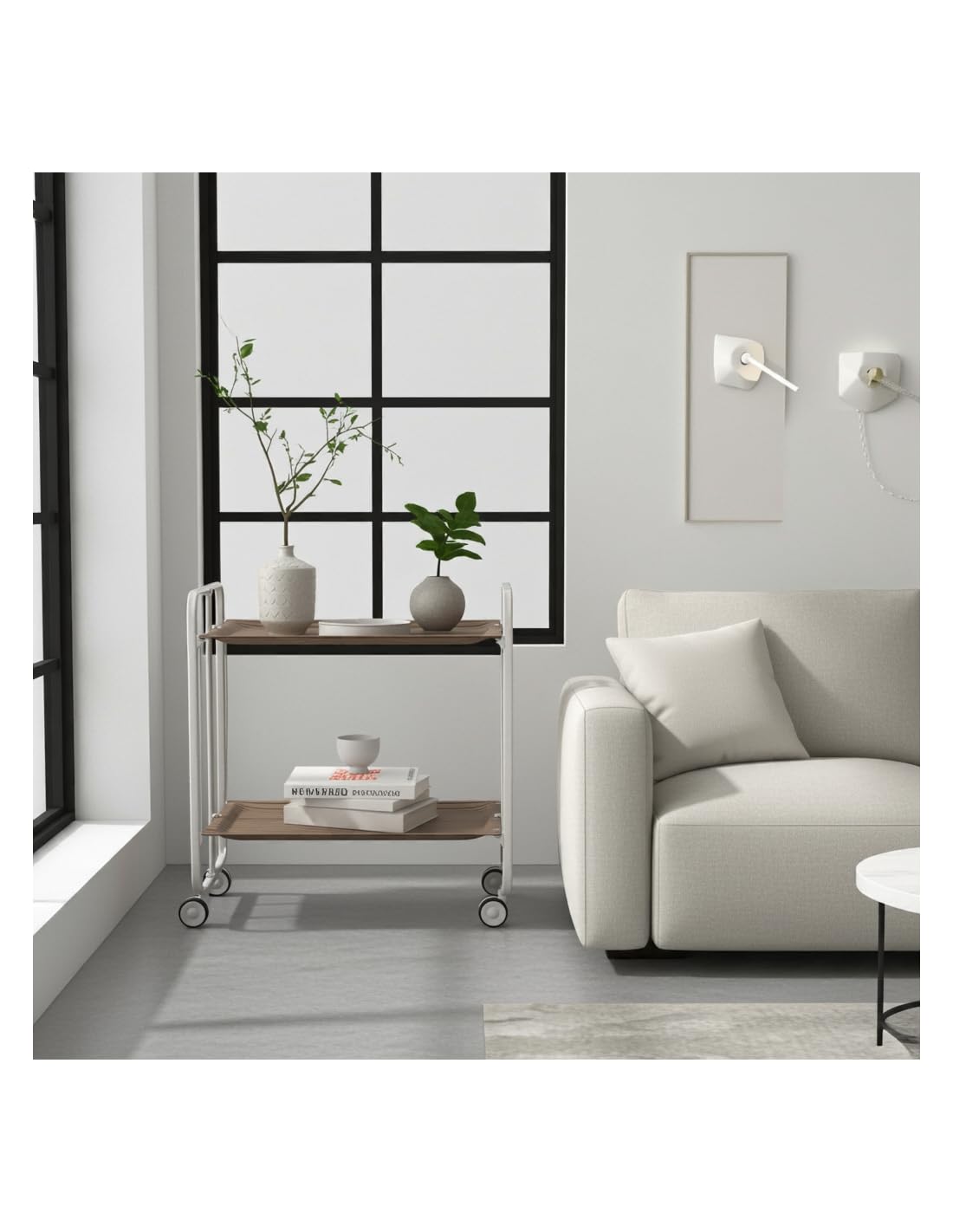 DON HIERRO - Carrito auxiliar plegable BAUHAUS con ruedas – Armazón metálico blanco, 2 niveles, 4 posiciones ajustables-Alistonado