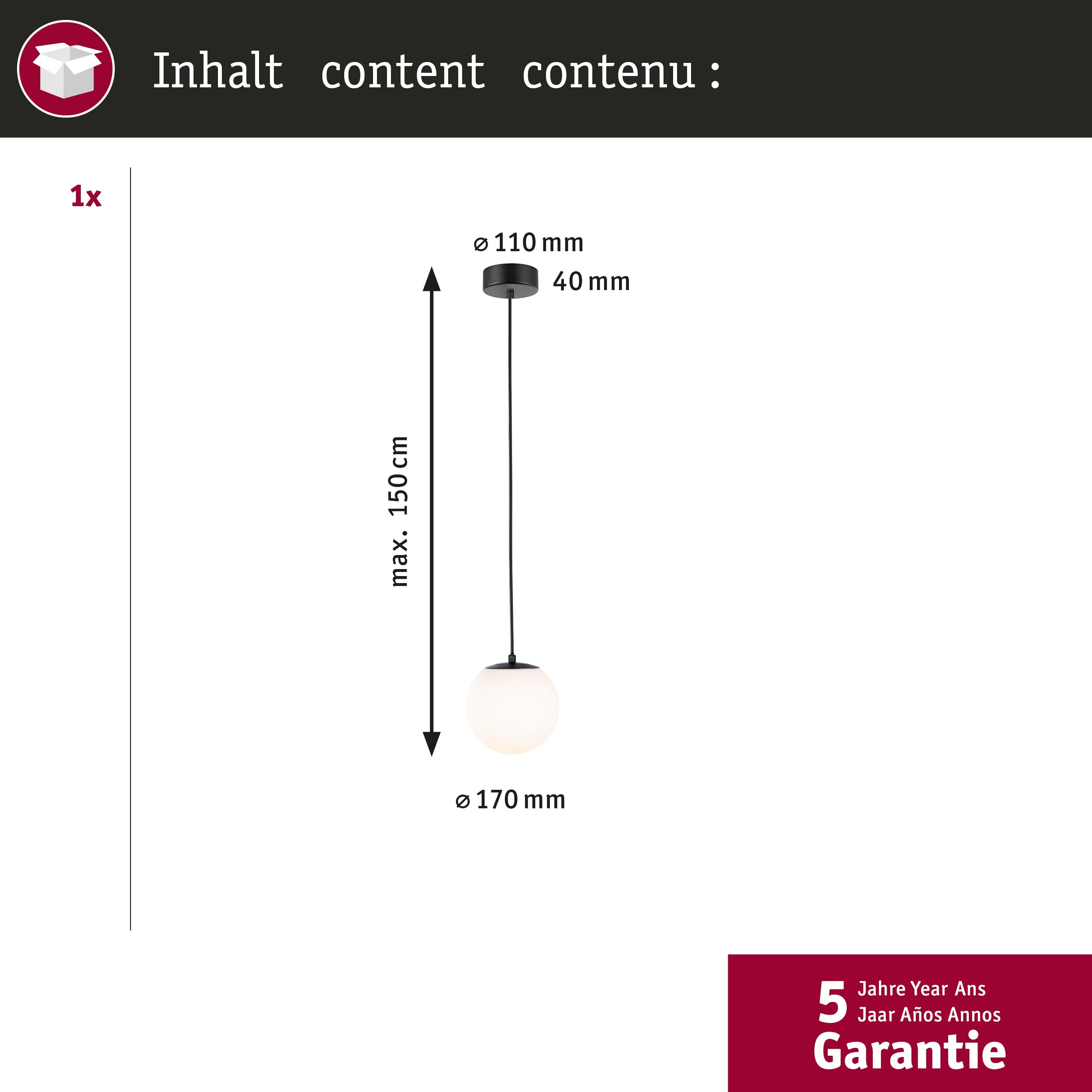 Paulmann 71073 Lampada a sospensione LED Selection Bathroom Gove IP44 9W nero opaco, satinato Luce da bagno