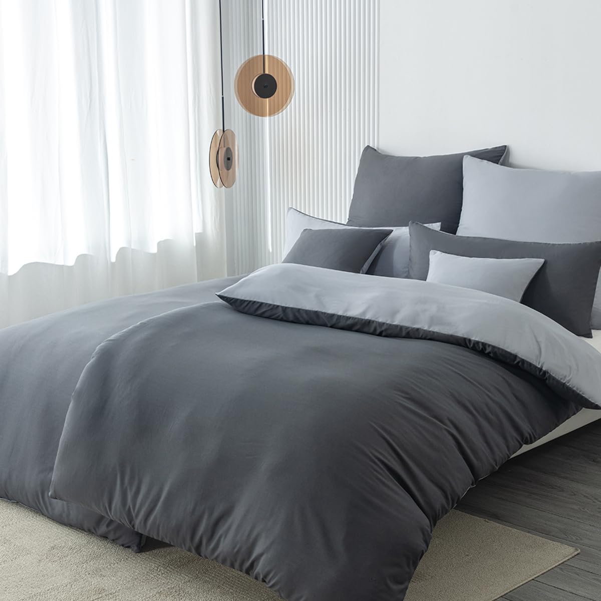 Nesture Bettwäsche 135x200 4teilig Anthrazit/Grau Bettwäsche Sets Microfaser Wendebettwäsche 135 x 200 4tlg, weich & bügelfrei Bettbezug 2er + Kissenbezug 2er 80x80cm mit Reißverschluss
