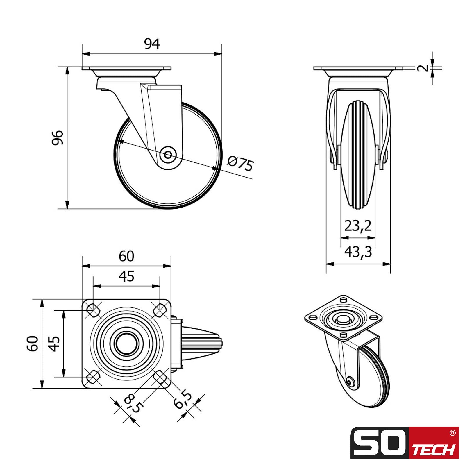 Sotech 4er Set Design-Möbelrolle LINDAU (Ø 75 mm, 35 Kg Tragfähigkeit pro Rolle, 360 Grad drehbar, mit Montageplatte, silbergrau) Transport-Lenkrolle, leise und bodenschonend