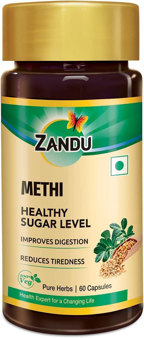 Zandu Methi Capsules (Fenugreek), Extracts of Methi known for High Content of Fibers and Antioxidants, Helps to Flush out Toxins from Body & Helps Maintain Healthy Sugar Levels - (60 Veg Capsules)