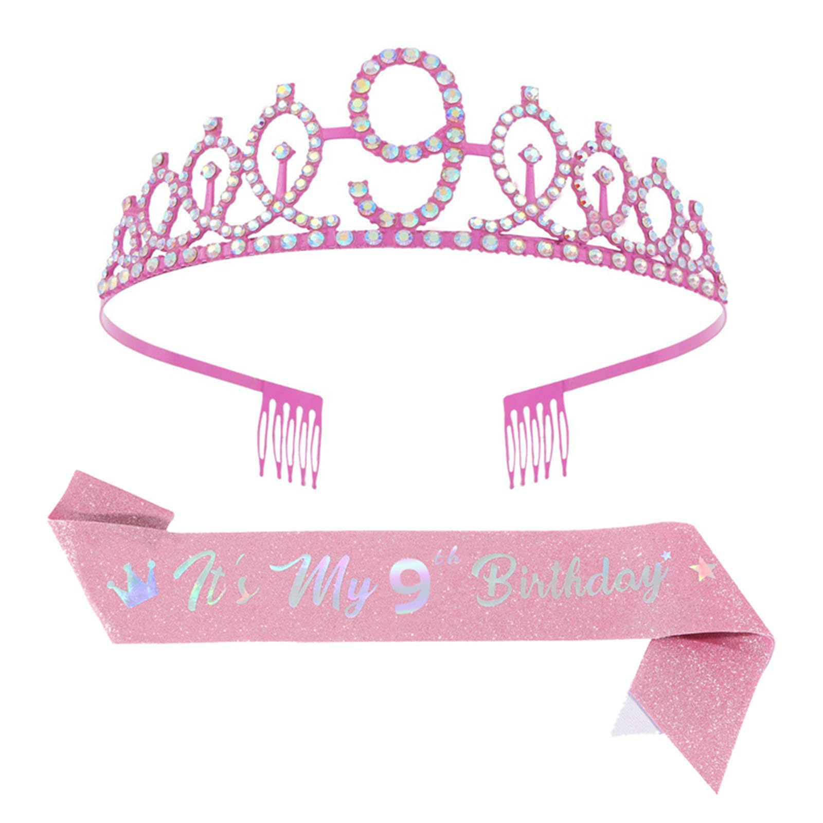 Xinsheinelry Glittering Princesses Crowns and Numbered Sash Set for Birthday Party Girls Luxurious Rhinestones Embellished Rhinestones Headbands and Sash Set