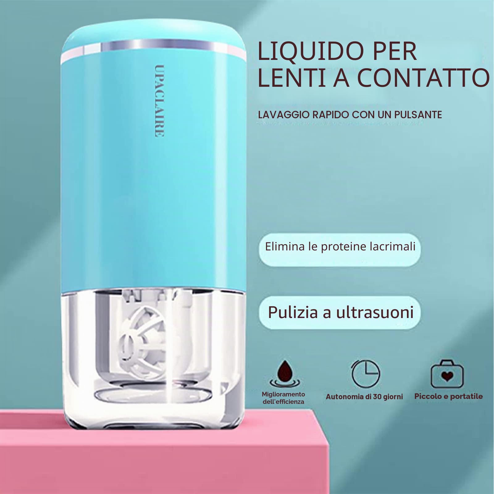 Pulitore ultrasonico 2.0 (2a generazione), macchina di pulizia intelligente per lenti a contatto morbide e rigide (RGP), blu