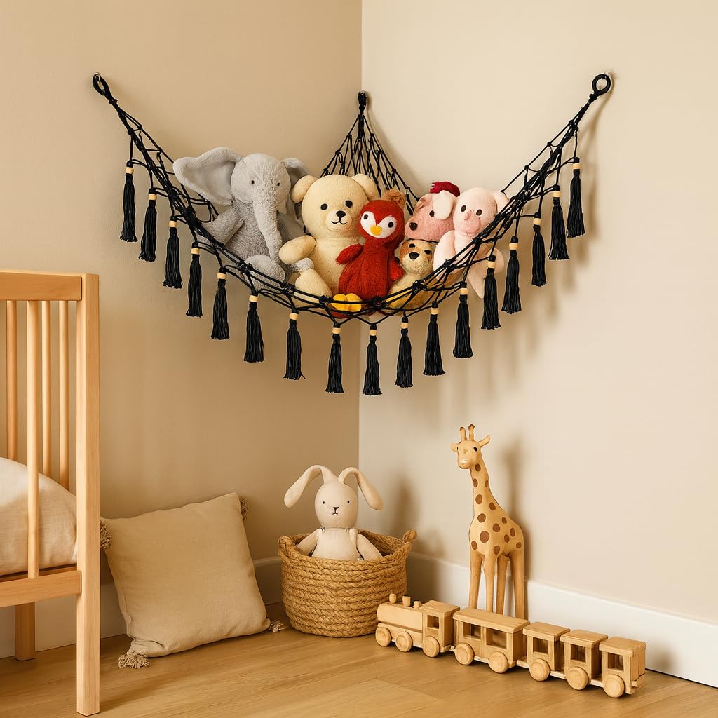 ecofynd Stuffed Soft Toy Organizer, Animal Toy Hammock, Hanging Cotton Storage, Boho Large Corner Plush Toys, Net Holder, Nursery Kids, Play Room, Bedroom, Kid Room (Black, BH014)