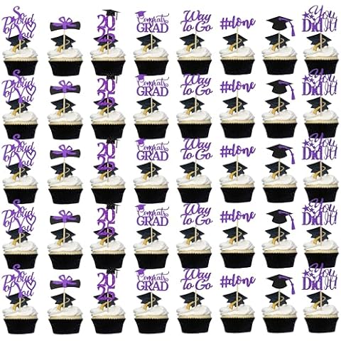 Graduation Cupcake Toppers 2025 Purple,Glitter Class of 2025 Cupcake Toppers Supplies,Class of 2025 Congrats Grad Cap Diploma Cupcake Picks for Graduation Party Decorations 2025 Purple and Black-40Pcs Cover