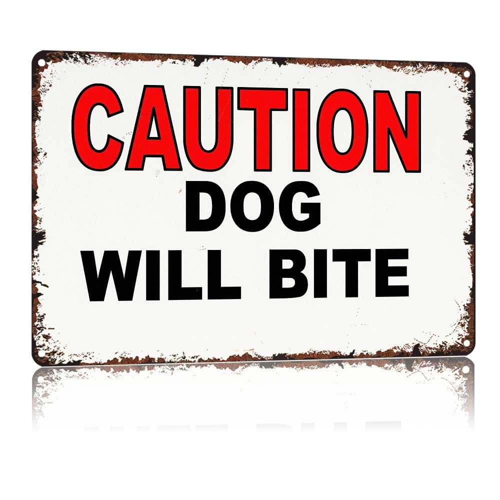 peiyeety CAUTION DOG WILL BITE Vintage 12X8in Aluminum Tin Sign, Retro Rust Style Waterproof Metal Warning Sign for Outdoor Fence Yard Garage Garden Wall Decor