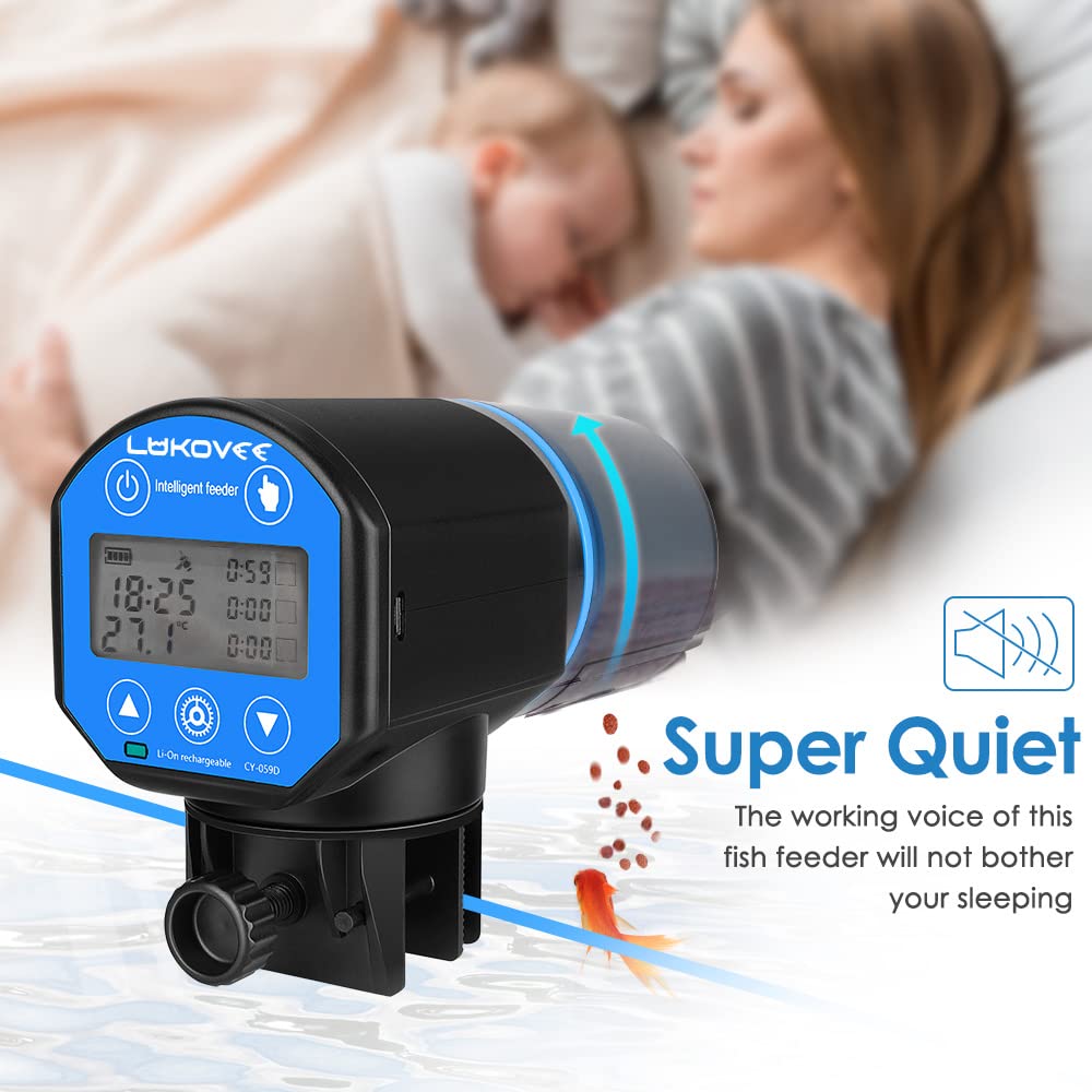 Lukovee Mangeoire automatique pour poissons, affichage de l'heure d'alimentation, minuterie rechargeable par USB, distributeur de nourriture pour aquarium ou aquarium avec grande capacité de 200 ml