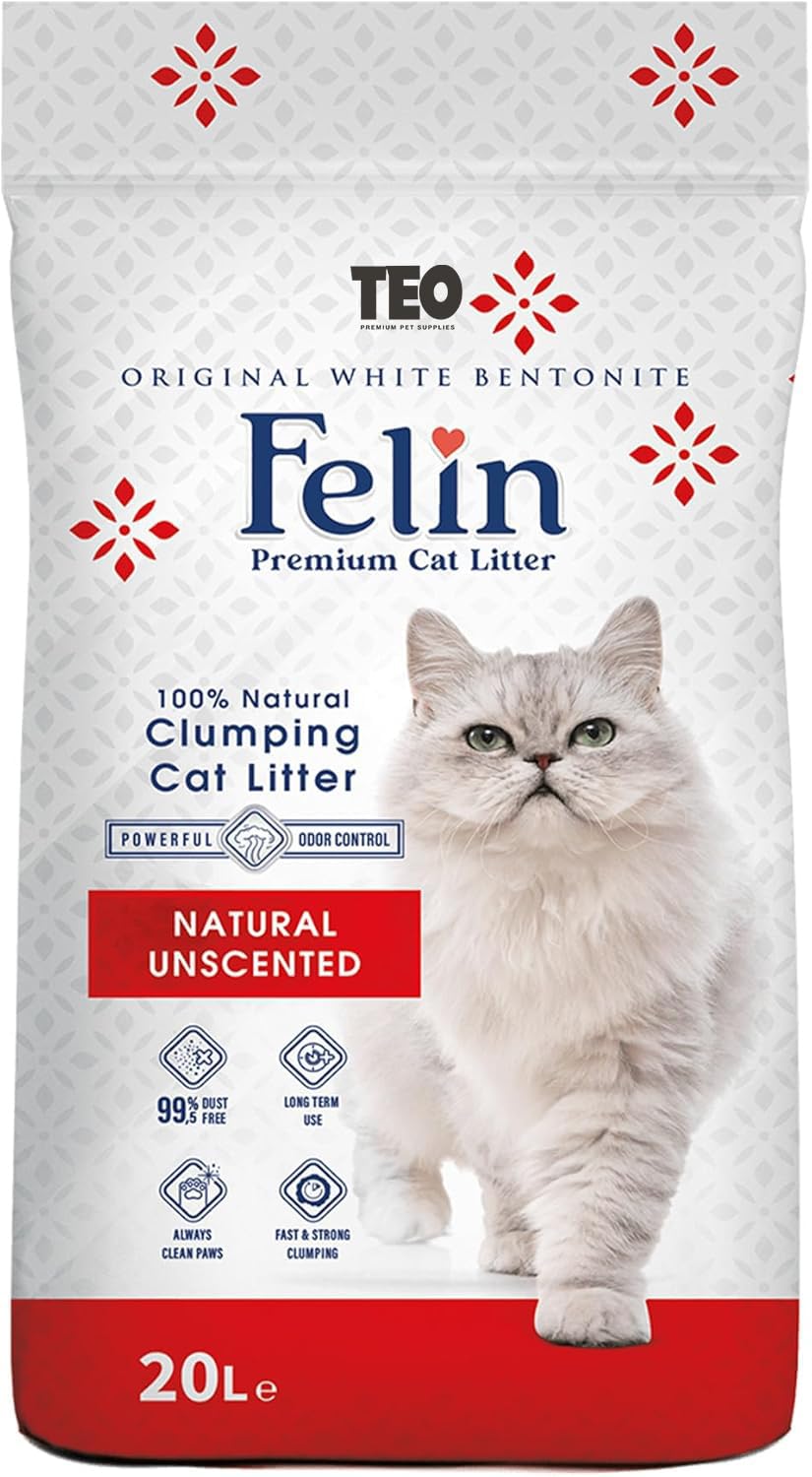 Felin Cat Litter Clumping 100% Natural Bentonite, Clumping 99.5% Dust Free, Forever Fresh, Pet-Friendly, Fighting with Odors Natural/Odorless Scented (20 L) Naturel / Unscented 20 LT