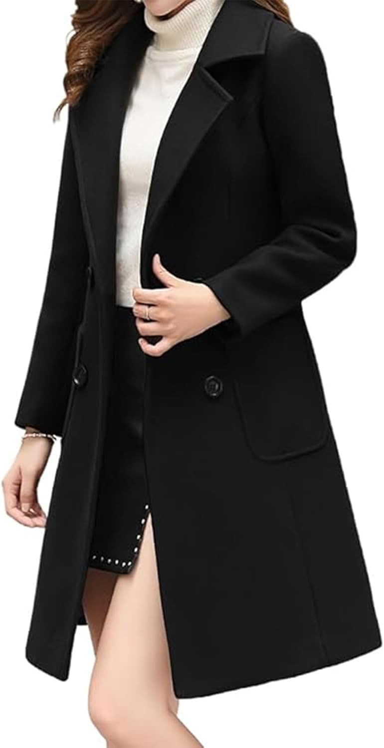 SOMTHRON Women's Winter Wool Blend Mid Long Pea Coat Double Breasted Notched Lapel Overcoat Jacket Outwear - Image 3