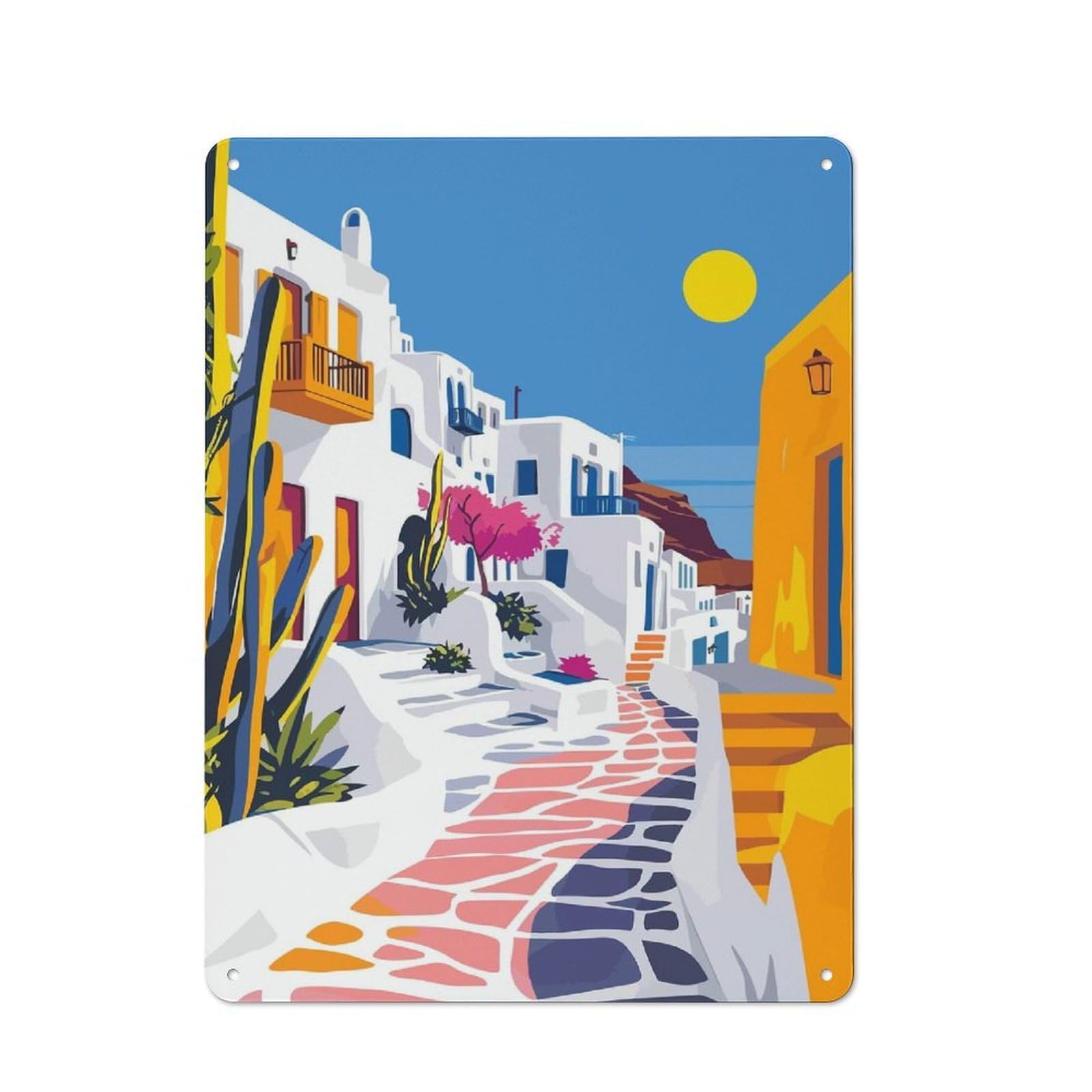 Junmoney Style-18 Metal Wall Sign 40X30cm Featuring Greece Travel Art Mykonos For Hallway Wall, For Hallway Decor Lovers, For Retro Home Interiors