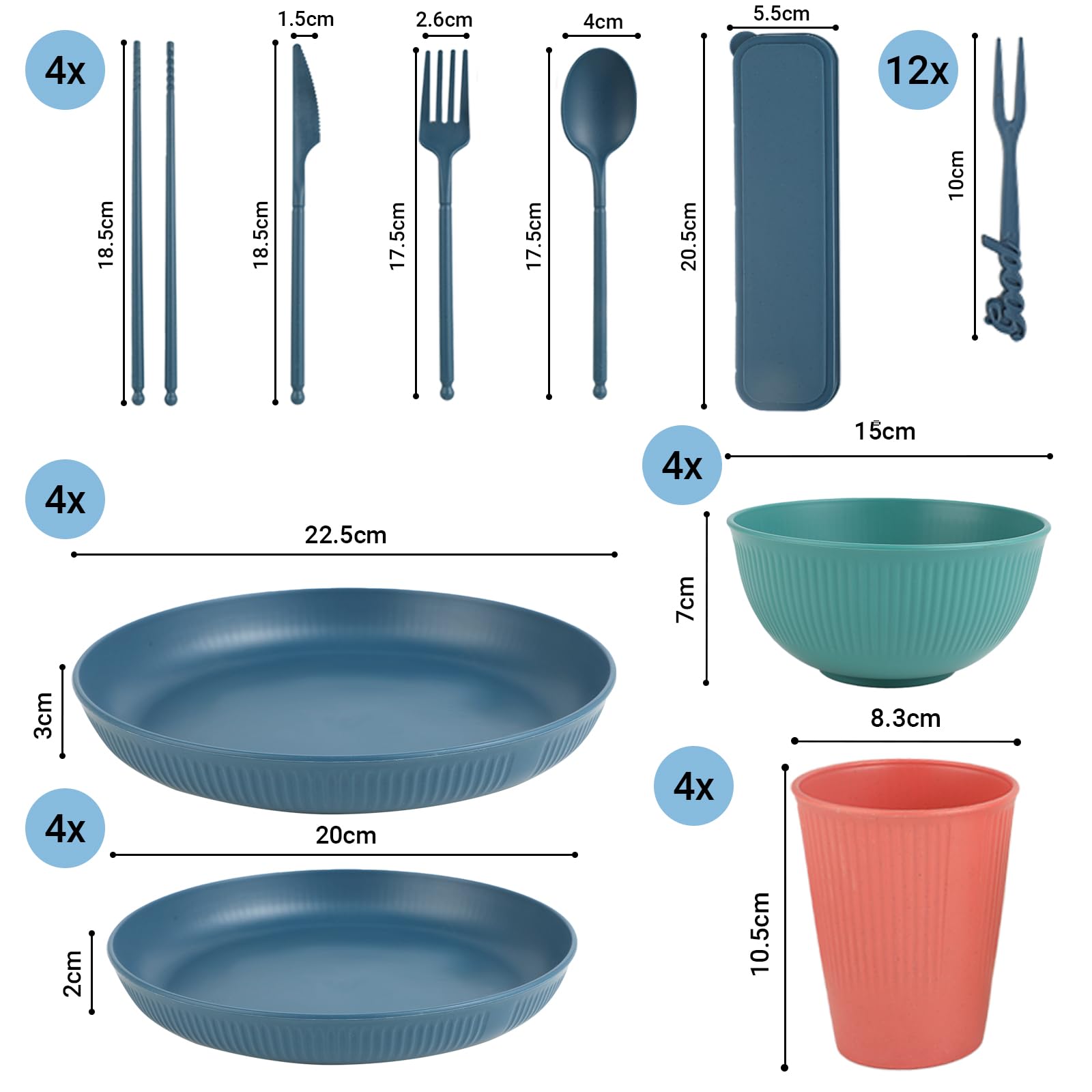 Juego de vajilla de camping 52 piezas para 4 personas – Vajilla ligera y apilable de plástico para picnic, barbacoa, jardín y viaje | Incluye platos, cubiertos, tazas y cuencos
