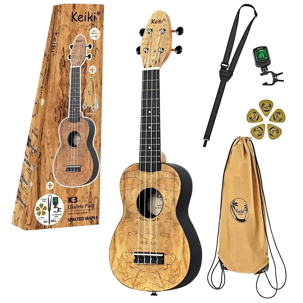 Ortega Guitars Ukulélé Soprano Gaucher – Acoustique – Série Keiki K3 – Accessoires Inclus – Érable échauffé / ABS, Naturel (K3-SPM-L)