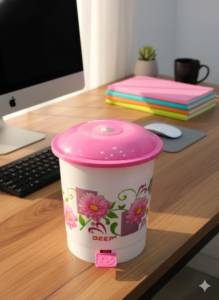 Deep Plastics Kitchen Pedal Dustbin with Floral Design, White and Blue,Small Waste Bin (pink)-image-44