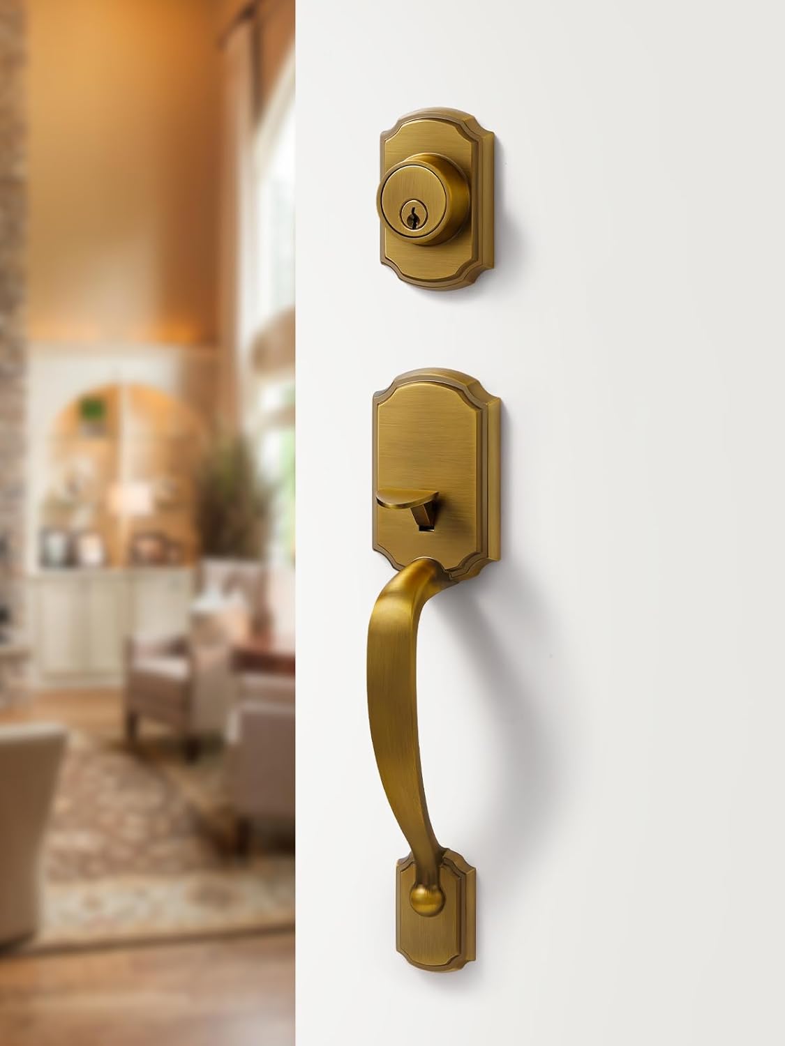 1 Pack Antique Brass Front Door Handle and Deadbolt Set Reversible Lever Entry Handleset with Lock and Key Single Cylinder