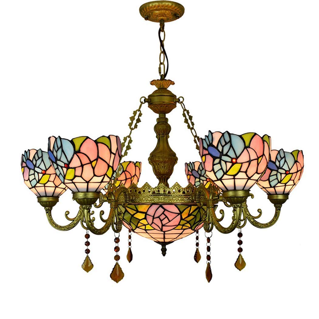 YNIYUJKL Retro Chandelier Light Vintage Tiffany-Style Pastoral Stained Glass Lampshades Chandelier Living Room Villa Restaurant Inverted Ceiling Pendant Lamp-A
