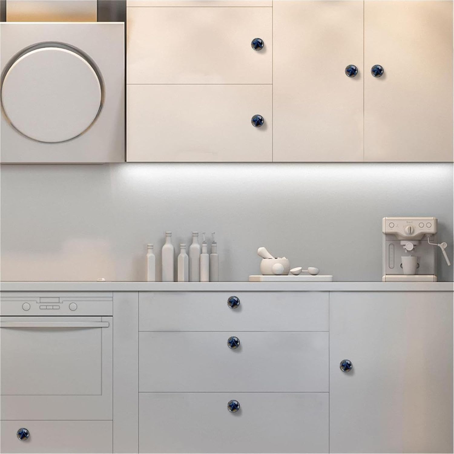 Black Round Blue Starfish (2) Cabinet Knobs, Decorative Printed Drawer Knobs with Long & Short Screws for Home Improvement