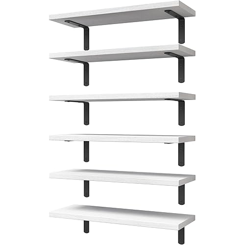 WOPITUES White Floating Shelves Set of 6,Wood for Bedroom,Modern Wall Decor,Bathroom Storage,Book Living Room[Upgraded]-White (HM011A)