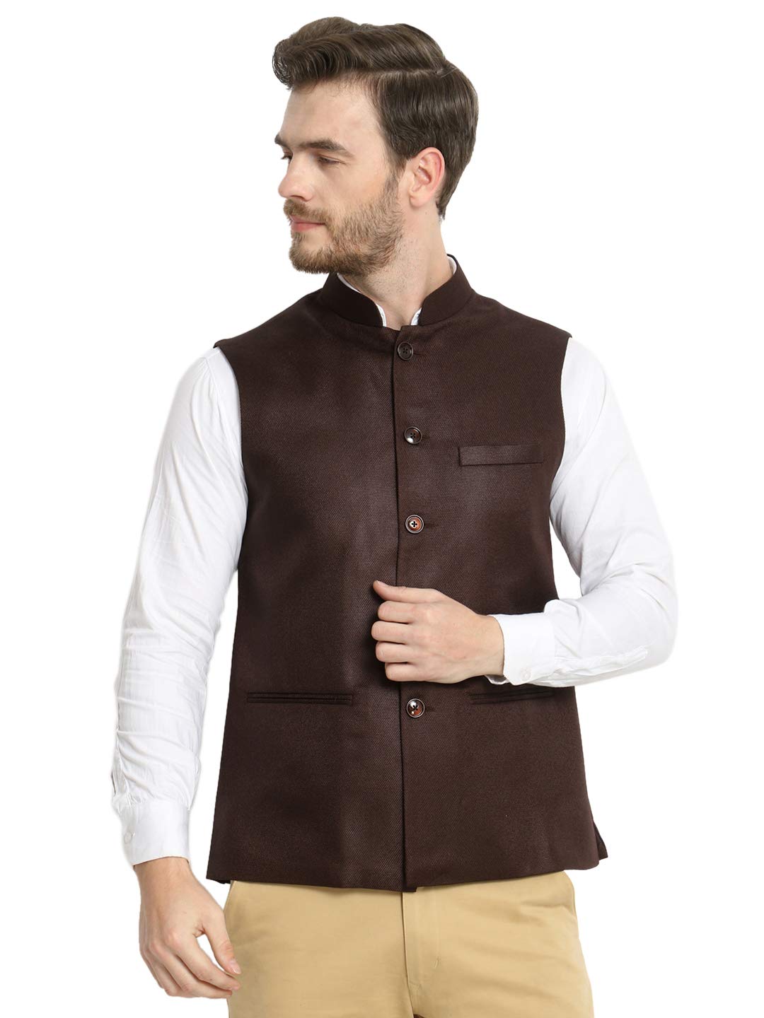 Vastraa Fusion Men's Cotton Blended Fabric Bandhgala Nehru Jacket/Waistcoat (Bright Yellow)