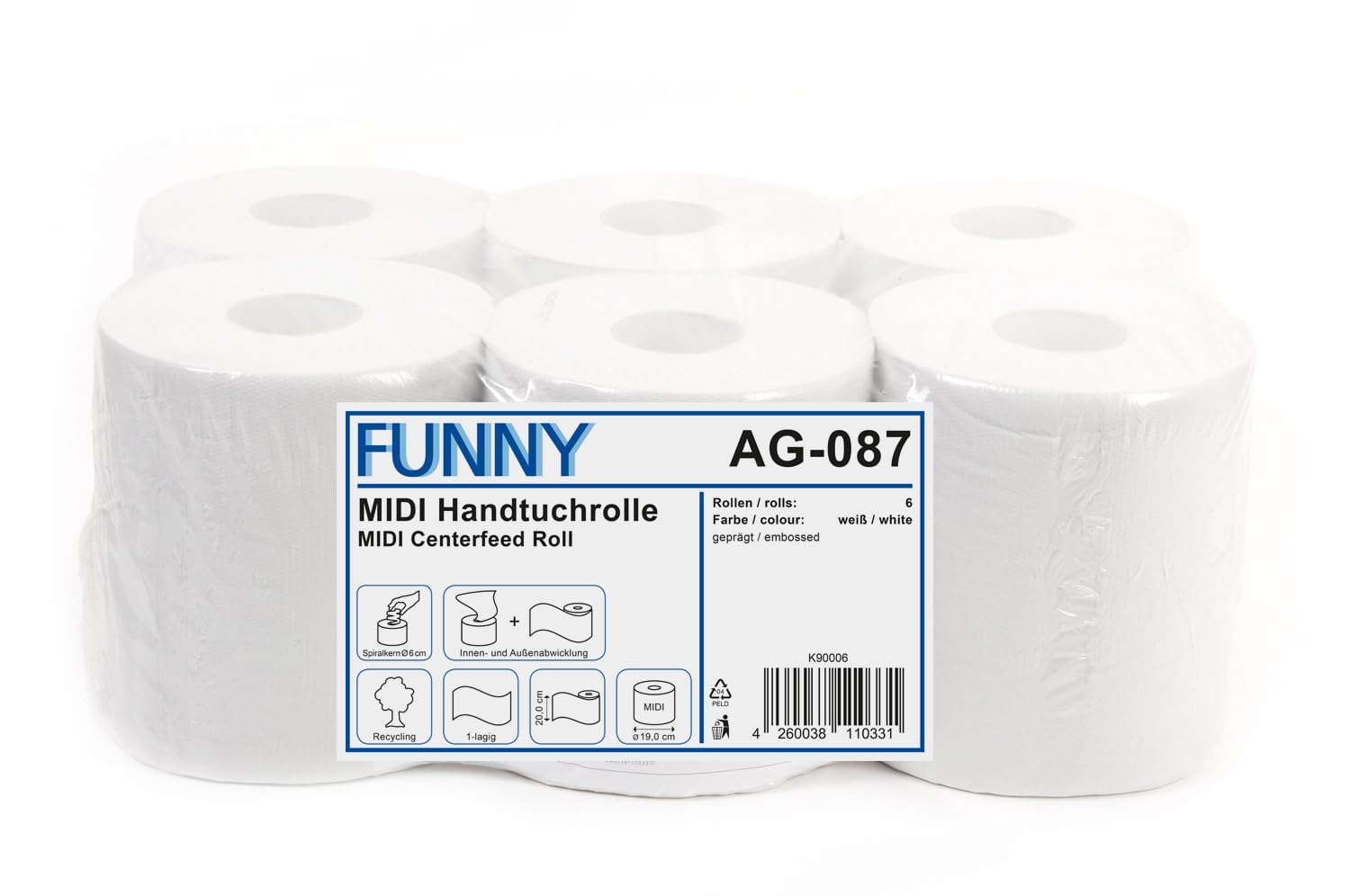 Funny Handtuchrolle, Innenabwicklung 20 cm, 1 lagig, Recycling weiß, 1er Pack (1 x 6 Stück)