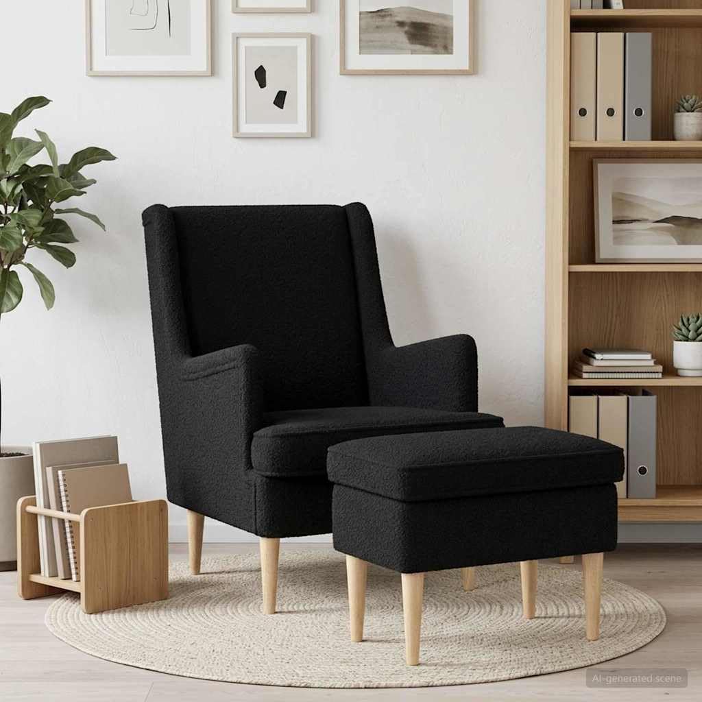 Fotel z Pouf 2 szt. Czarny Bouclé