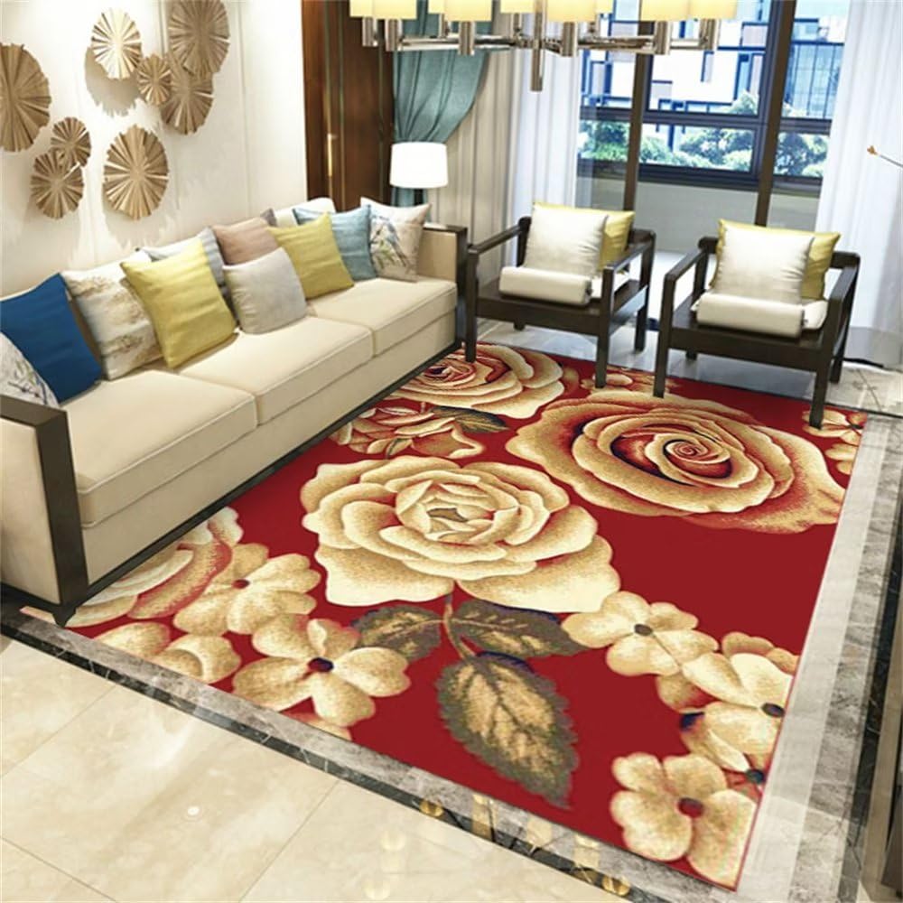 Tappeto impermeabile, decorazione artistica floreale, 170 x 240 cm, rosso, tappeto da cucina, soggiorno, decorazione per sala giochi, caminetto, lavabile, per aree ad alto traffico