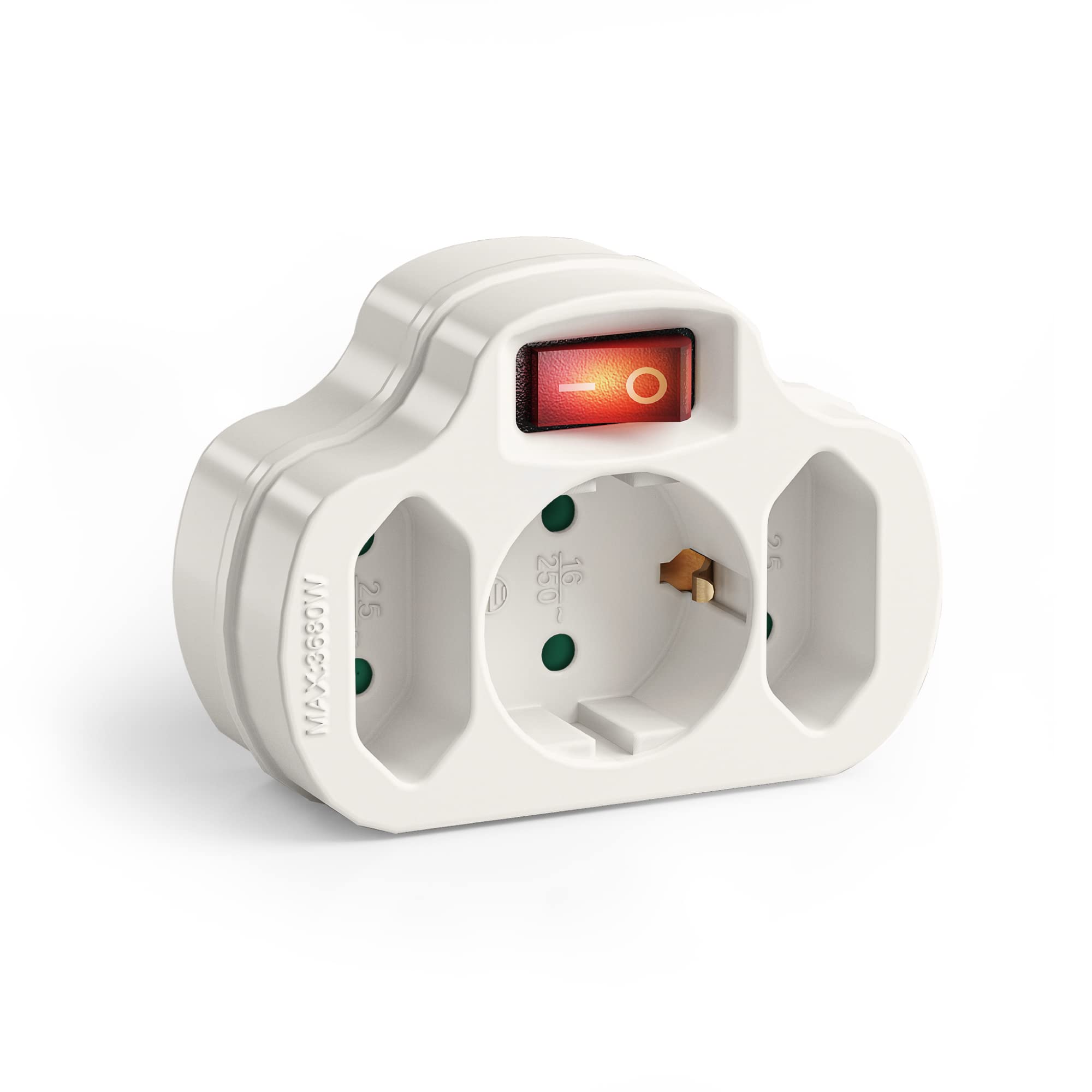 Wielokrotne gniazdko z włącznikiem/wyłącznikiem, 1 x gniazdo Schuko 16 A / 250 V AC, 2 x gniazdo Euro 2,5 A / 250 V AC, 3680 W, białe