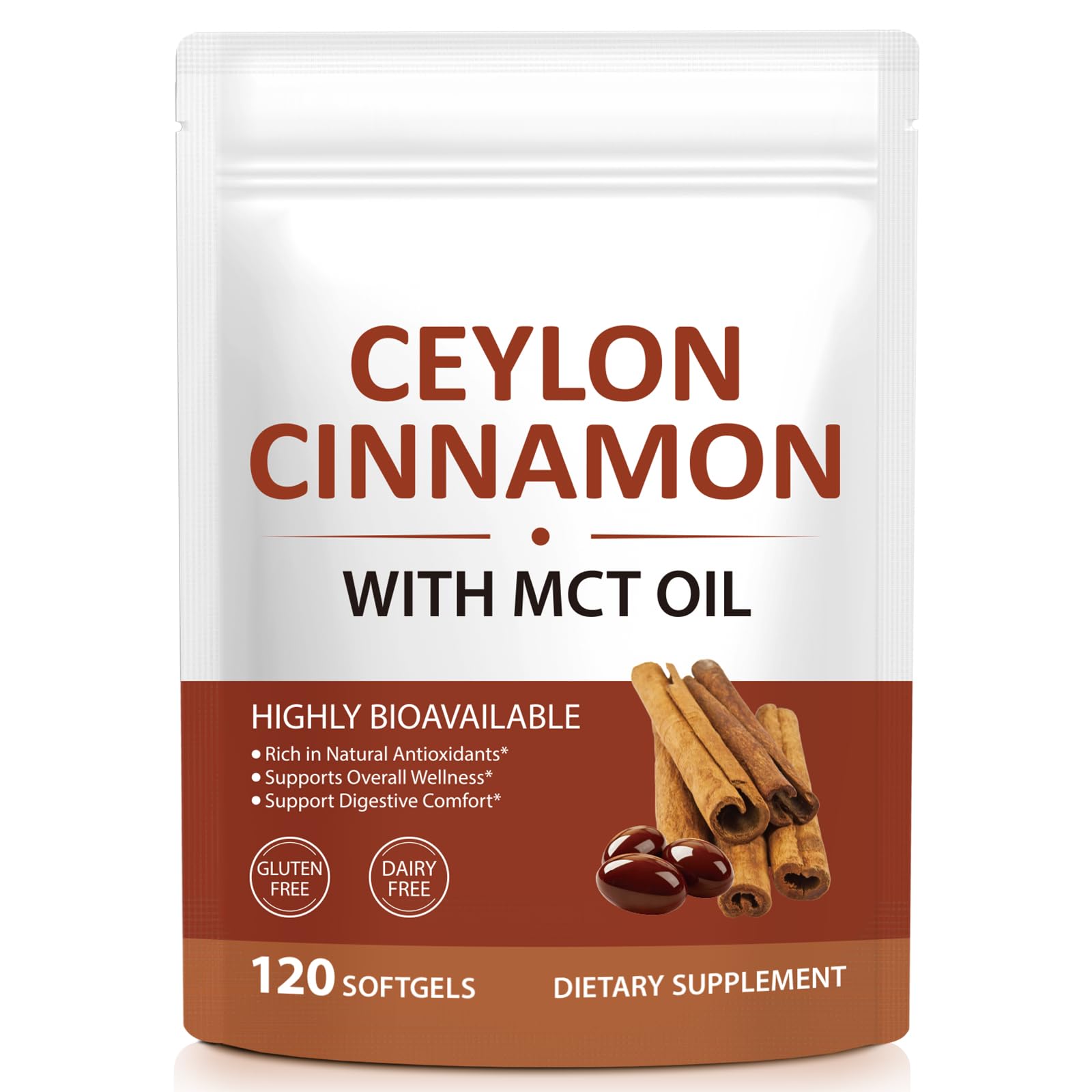 Ceylon Cinnamon Softgels with MCT Oil, True Cinnamon Supplement Extract, Herbal Daily Wellness Support, 120 Count