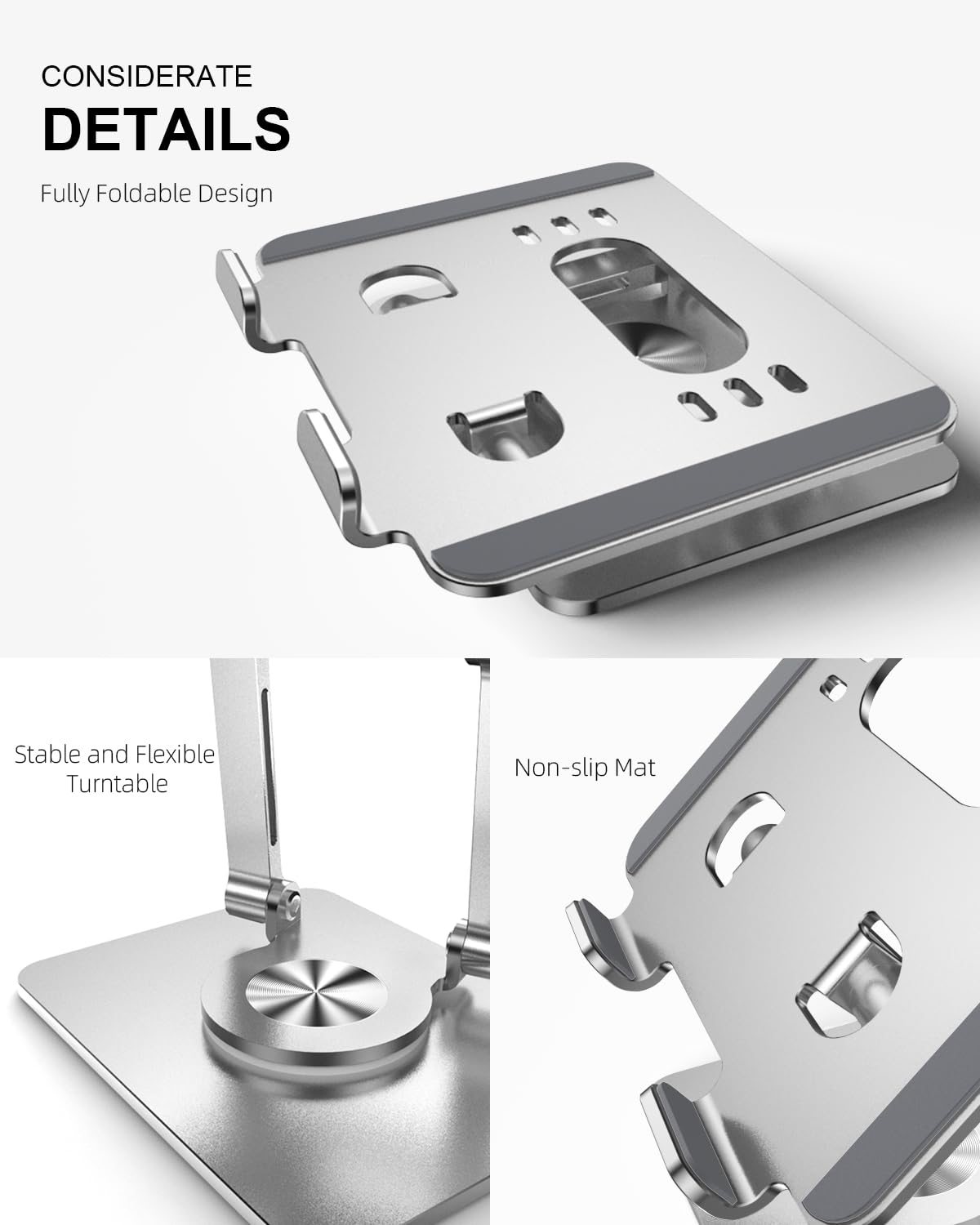 Orlian Tablet-Ständer mit verdickter, um 360° drehbarer Basis, Doppelstange, verstellbarer Aluminium-Ständer für alle 5,8-12,9 Zoll iPads, Samsung, Handys, Tablets, Kindle, E-Reader und mehr, Silber