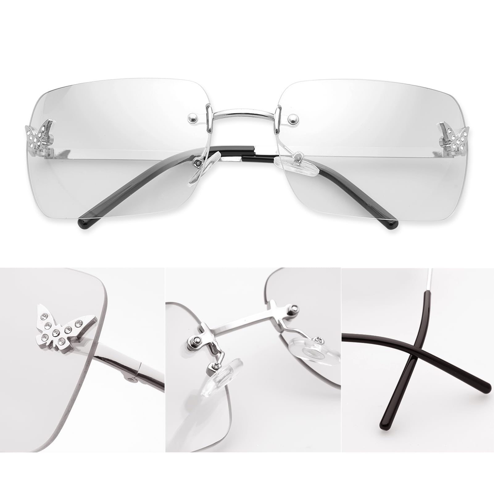 knliwkm Lentes de sol rectangulares Y2K sin montura para mujeres y hombres, lindos, pequeños, transparentes, sin marco, lentes tintados, 2000, a la moda, mariposa