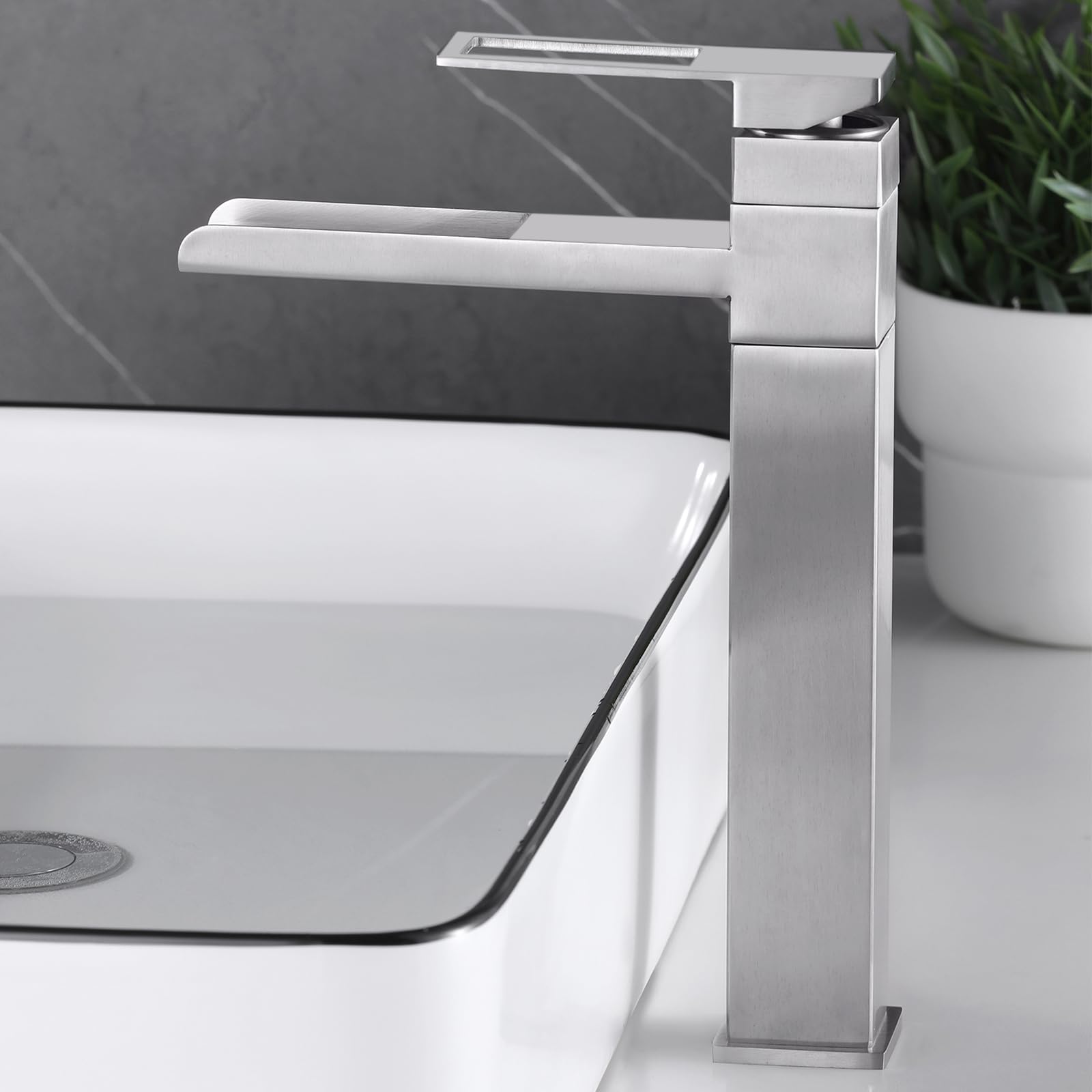 Waschtischarmatur Hoch, Wasserhahn Bad Wasserfall, 360° Schwenkbar Mischbatterie Waschtisch, Einhebelmischer für Bad, Hoch Armatur, Gebürstet, 6M2OK-T