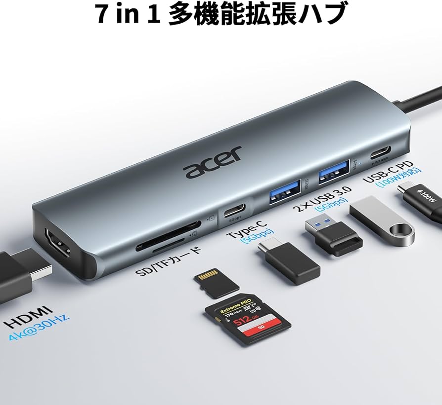 Amazon | Acer USB C ハブ （7-in-1,4K HDMI) USB ハブ Type-C PD100W