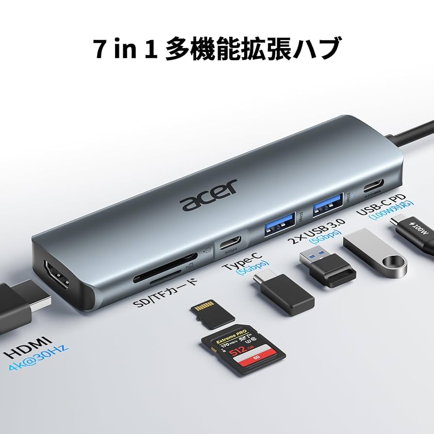 Amazon | Acer USB C ハブ （7-in-1,4K HDMI) USB ハブ Type-C