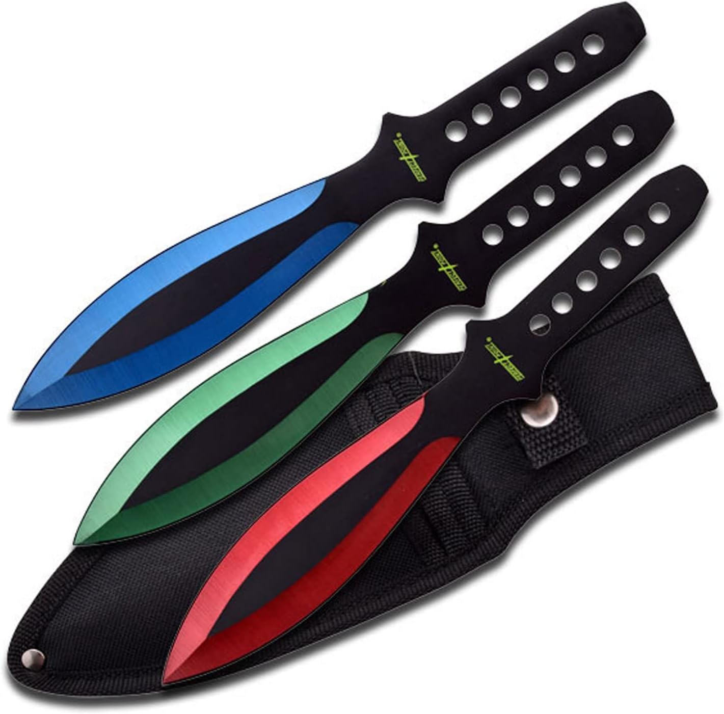 Throwing Knife Set – Set of three Throwers, Stainless Metal Blades w/Black Handles, Contains Nylon Sheath, Effectively Balanced, Throwing Sport Knives (Rainbow)
