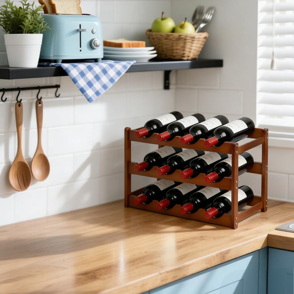 Portabottiglie da Tavolo in Bambù Portabottiglie di Vino per Bar | Portabottiglie in Bambù a 3 Piani per 12 Bottiglie, Standard Portabottiglie Autoportante, per Cucina Soggiorno Cantina
