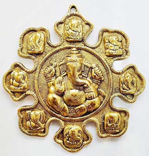 Image of Collectible India 9 Mukhi Ganesha Metal Wall Hanging Statue Idol Ganesh Gold Finish Sculpture - Vastu Decor (Size 11.5 x 10.5 Inches)