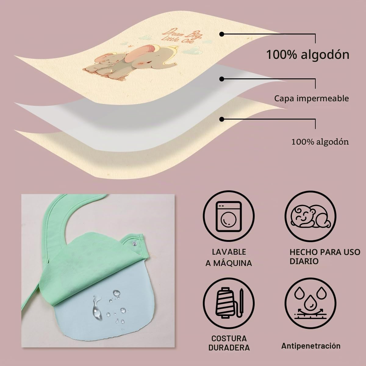 Paquete de 6 baberos impermeables de algodón con estampado de animales y flores para niñas y niños para babear con botones ajustables
