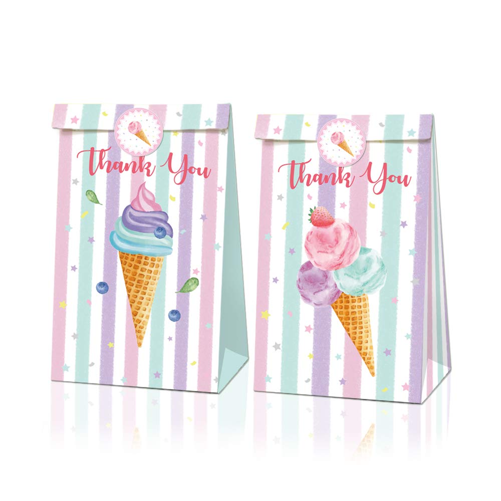 12 Pack Ice Cream Gift Bags with Stickers,Summer Ice Cream Theme Party Supplies Pink Portable Goodies Candy Bags with Ice Cream Stickers for Girls Baby Sweet Birthday